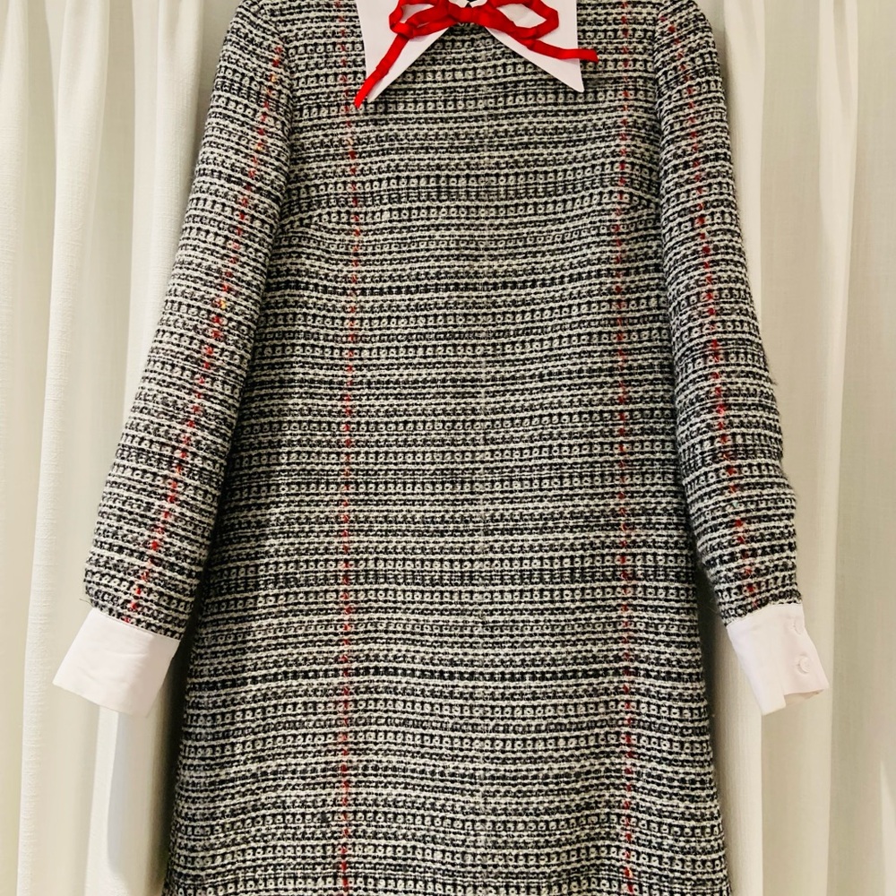 Elegant Long Sleeve Tweed Dress with Red Accents